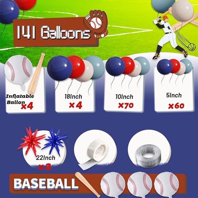 Baseball Balloon Garland Arch Kit,141pcs Red White Deep blue Twilight blue with 3D Baseball bat Star Balloons for Party Supplies