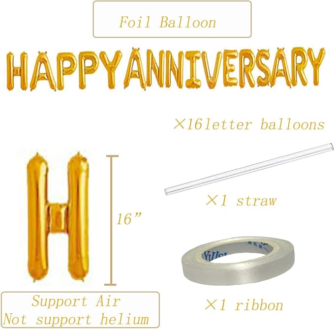 Tellpet HAPPY ANNIVERSARY Balloons, Anniversary Party Decorations, Gold, 16 Inch