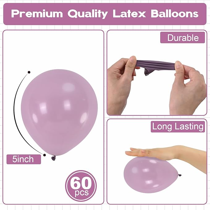 Dusty Purple Balloons 5inch Taro Purple Balloon 60pcs Mini Small Round Retro Lavender Lilac Latex Balloon for Arch Garland Retro Boho Birthday Party Decoration Wedding Baby Bridal Shower Bachelorette
