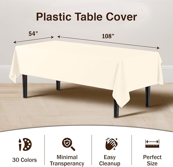 Exquisite 12-Pack Premium Plastic Tablecloth 12-Pack Premium Plastic 54-Inch-by-108-Inch Rectangle Tablecloth, Ivory
