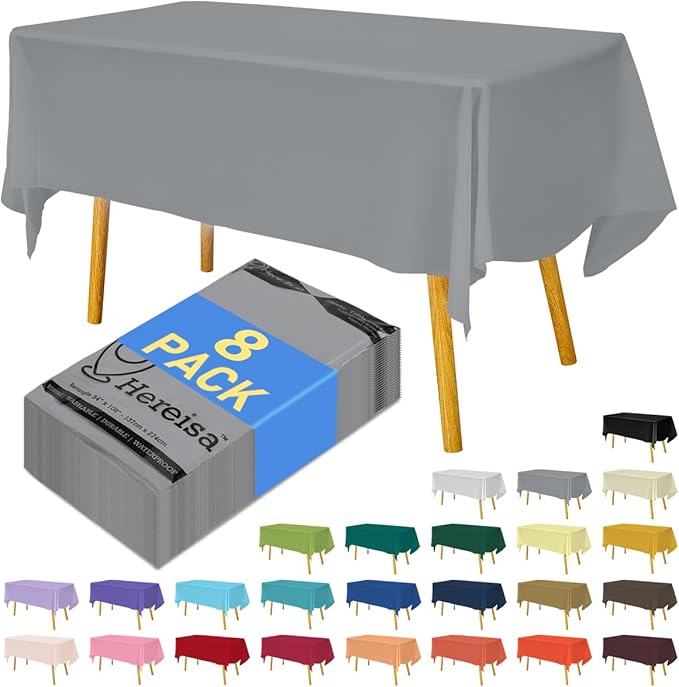 8-Count Silver Disposable Plastic Tablecloths Rectangle 54x108 Inch - Extra Long Waterproof Banquet Table Covers for Parties & Catering