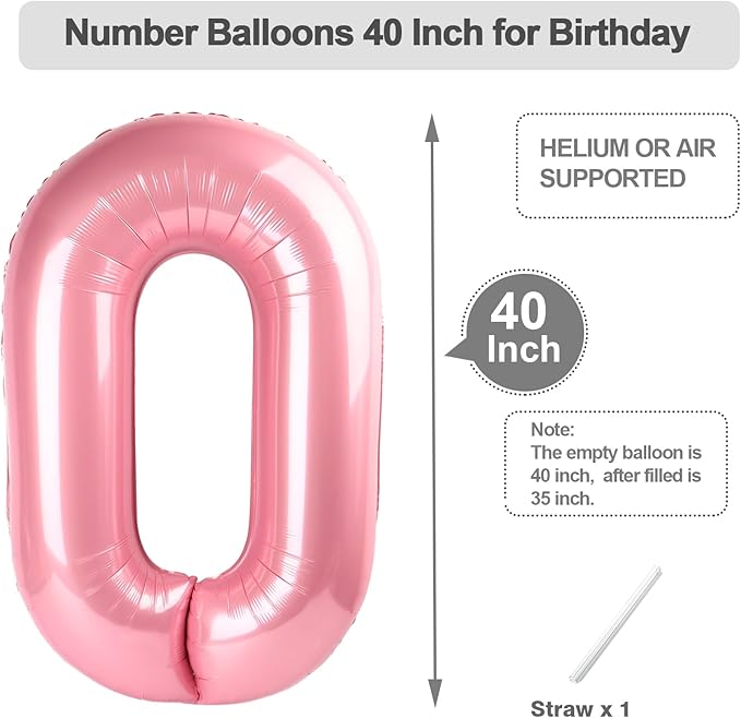 10 Number Balloons, 40 Inch Pearl Pink Balloons for Woman Man 10th Birthday Decoration, Foil Number 10 Ballon for 10, 100 Anniversary, Bridal Shower, Graduation, Wedding, Valentine's Day
