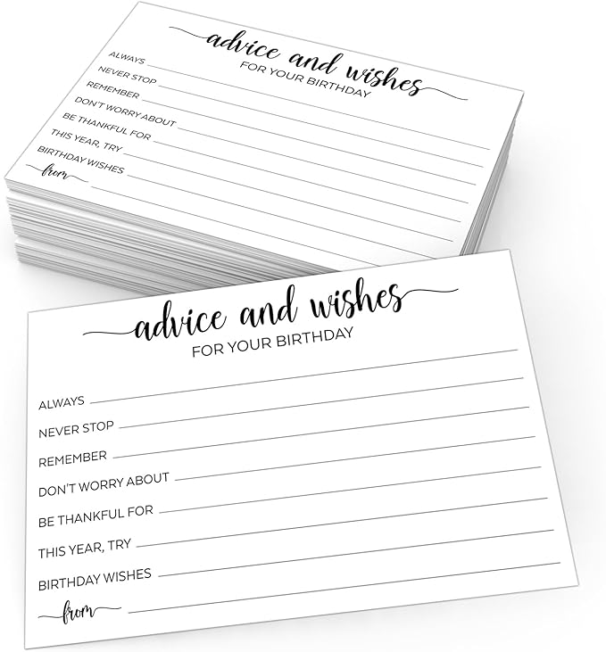 321Done Birthday Wishes and Advice (50) 4x6" White Cards - Good Advice, Best Wishes, Memories Cards - Bday Party Idea Activity - Sweet 16, 30th, 40th, 50th - Fun Ad Lib Prompts - Made in USA