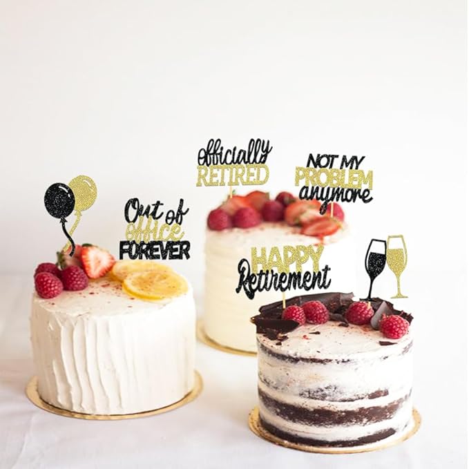 24 Pcs Happy Retirement Cupcake Toppers Officially Retired Cupcake Picks, Out Of Office Forever Retirement Theme Cake Toppers Decorations for Farewell Party Cakes (Black&Gold)