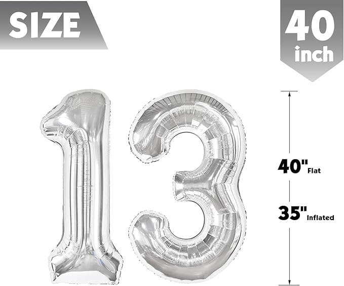 40 Inch Sliver Number 13 Balloon, Giant Number 13 Balloons for 13th Birthday Decorations, Party Supplies for Baby Boy Girl, Sliver Party Decor