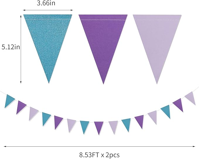 Mermaid Party Decorations Pennant Banner - 2 Pack Glitter Purple Blue Under The Sea Paper Triangle Flags Garland, Little Mermaid Theme Girls Birthday Wedding Baby Shower Party Bunting Panduola