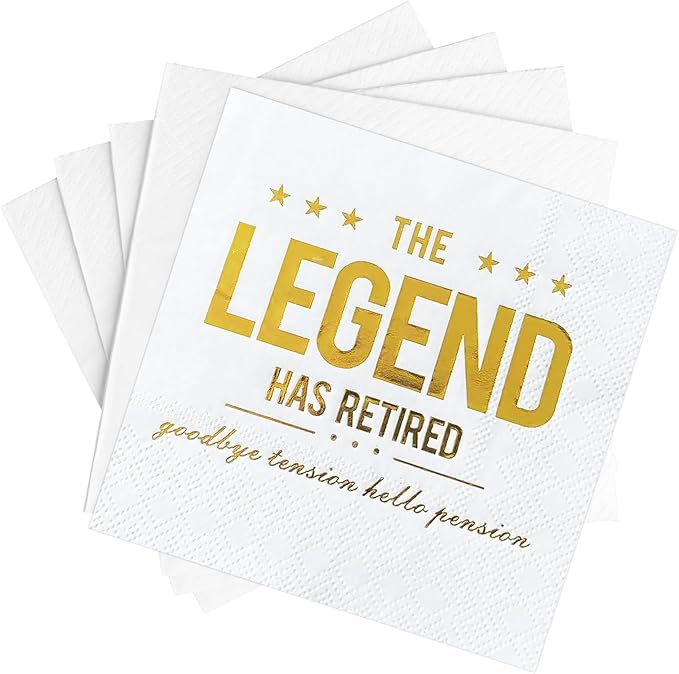 The Legend Has Retired Cocktail Napkins, 50 Pack 3-Ply Retirement Party Decorations Supplies, Gold Foil Disposable Napkins for Farewell,Coworker Goodbye & Going Away Celebration (5"x5")