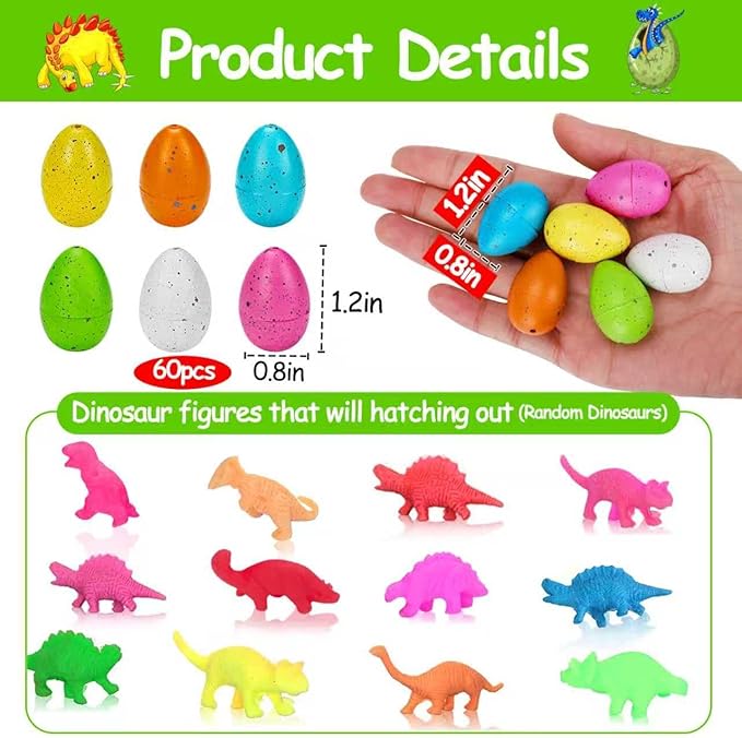 60PCS Small Hatching Dinosaur Eggs for Dinosaur Birthday Party Favors Easter Egg Fillers Goodie Bag Stuffers Classroom Carnival Prizes Bulk Pinata Novelty Grow in Water Dino Eggs with Toys Inside