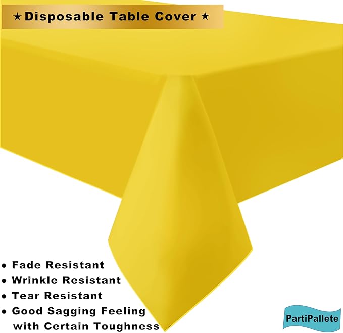 3-Pack Premium Plastic Yellow Tablecloth Disposable 54" x 108" Rectangle Table Cover Party PEVA Table Cloths for Parties Birthday Wedding Graduation Banquet Fits up to 8 ft Long Tables