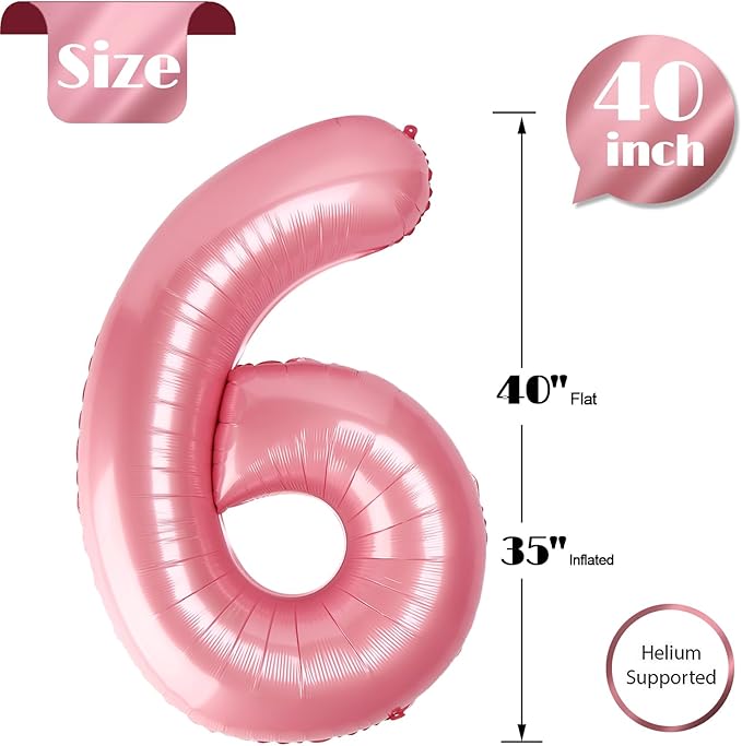 Pearlescent Pink Number 6 Balloon 40 Inch, 6 Balloon Number, 6th Birthday Decorations, Pearlescent Pink Party Supplies for Boys Girls