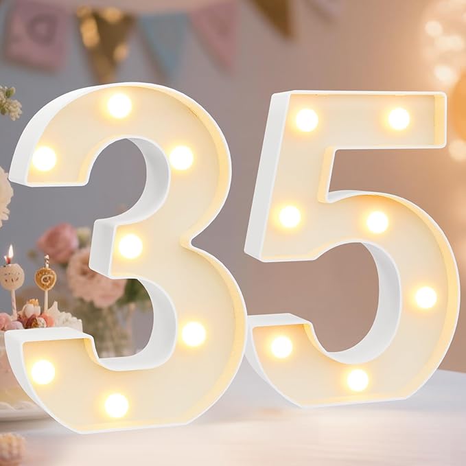 Pooqla Decorative LED Light Up Number Letters, White Plastic Marquee Number Lights Sign for 35th Birthday Party Wedding Decor, Battery Operated (35)