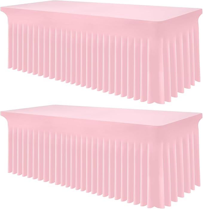 Smiry Spandex Tablecloth 2 Pack, Elastic Fitted Stretch Tablecloth for 8FT Rectangle Tables, Waterproof Washable Table Cover Skirt for Wedding, Banquet & Parties (Pink, 96Lx30Wx30H Inch)