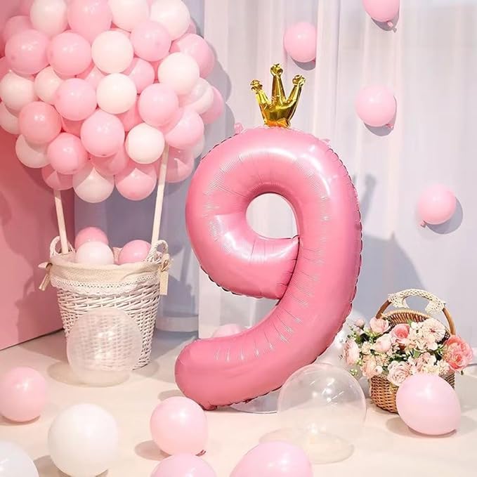 40 inch Pink Number 9 Balloon with Crown, Pink Crown Balloons 0-9 for 9th Birthday Party Anniversary Decorations Supplies