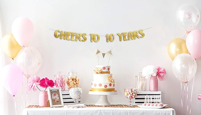 Pre-Strung Cheers to 10 Years Gold Glitter Banner - 10th Birthday and Anniversary Decorations for Boys and Girls - Party Supplies and Gifts