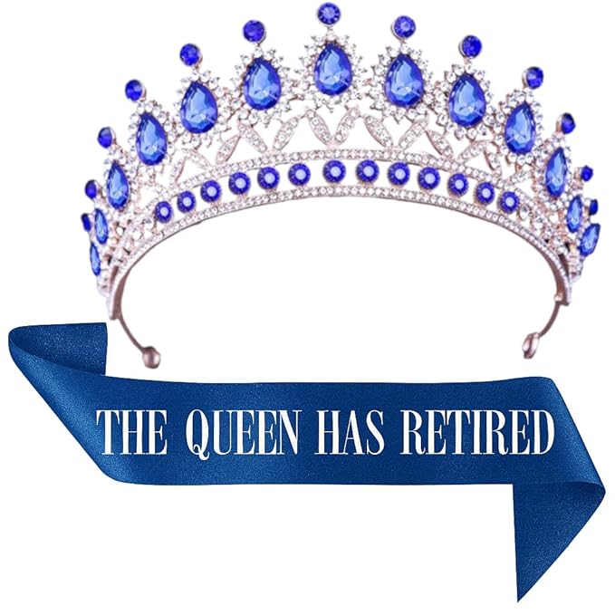 Retirement Tiara & Sash Set – “The Queen Has Retired” Crown & Sash for Parties, Events & Celebrations (Blue)