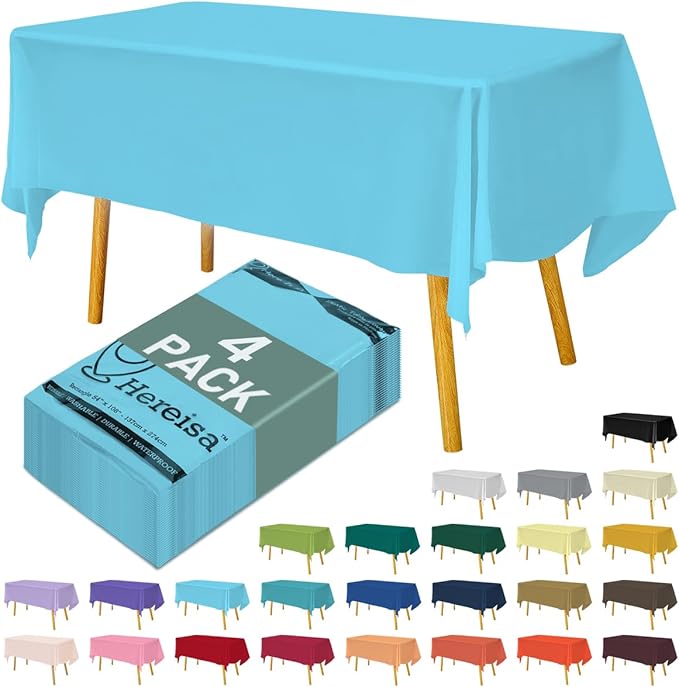 Disposable Plastic Tablecloth 54x108 Inch Rectangle - Sky Blue, 4 Pack Waterproof & Tear-Resistant Party Table Cover for Dining, Picnic, Crafts, Holiday Decor