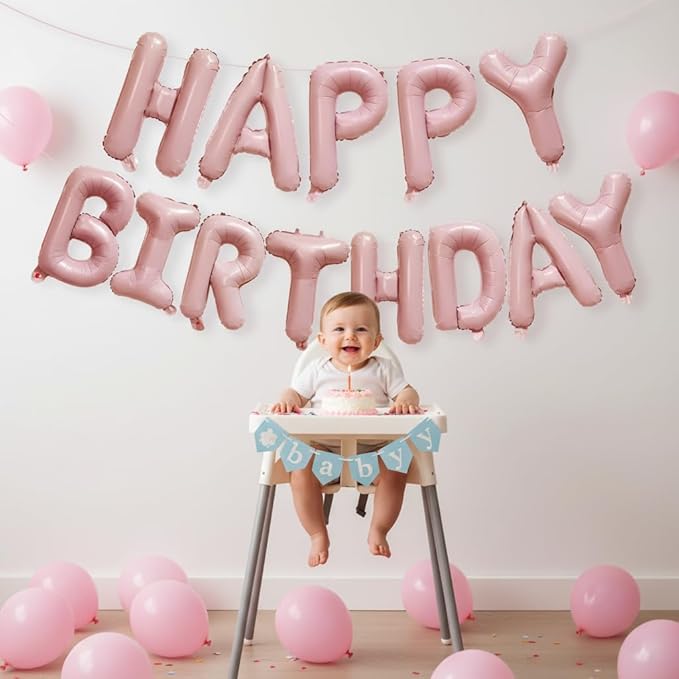 KALOR Baby Pink Happy Birthday Balloons Banner, 16 Inch Mylar Foil Letters Balloon Sign for Birthday Party Decorations Photo Booth Backdrop