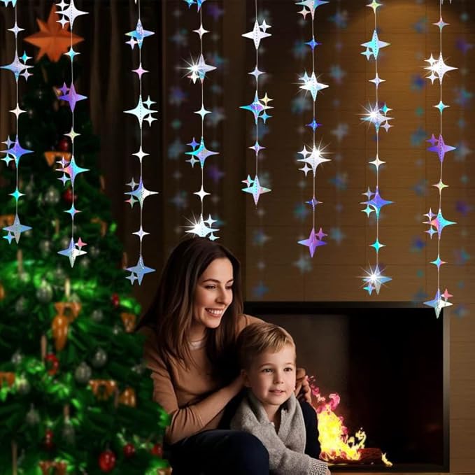 Glitter Iridescent Four-Angle Star Paper Garland Banner Décor 40 Feet Iridescent Twinkle Star Hanging Bunting Banner Backdrop for Wedding Baby Shower Birthday Graduation Disco Party Decorations