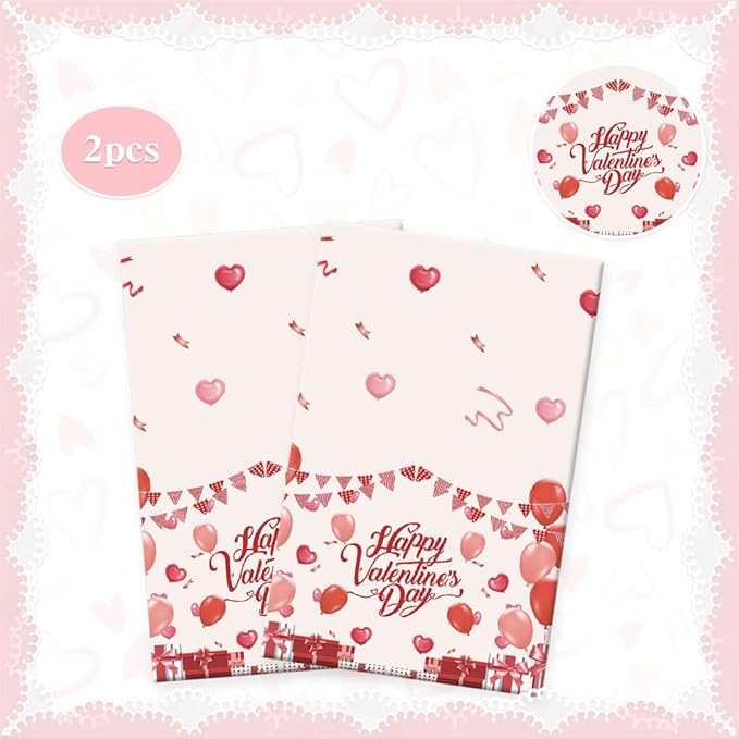 2 PCS Valentine Tablecloth(54x108 Inch) Plastic Valentines Day Table Cover Cloth Tablecloths for Valentines Party Favors Supplies Decorations Galentines Home Kitchen Desk Decor Backdrop Photo Props