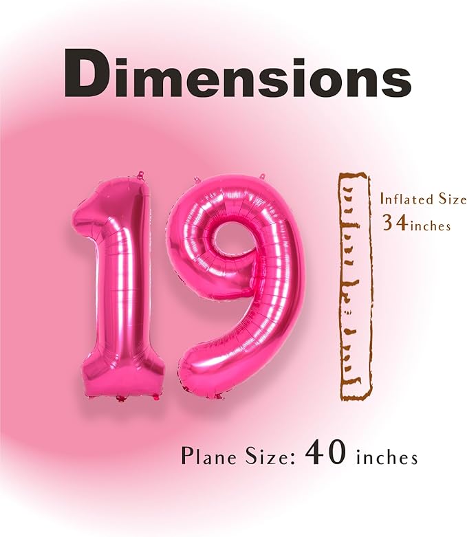 SUWEN 40 Inch Hot Pink Large 19 Number Balloons Big Foil Helium Number Balloons 0-9 Jumbo Happy 19th Mylar Birthday Party Decorations for Girl or Women 91 Anniversary Party Supplies