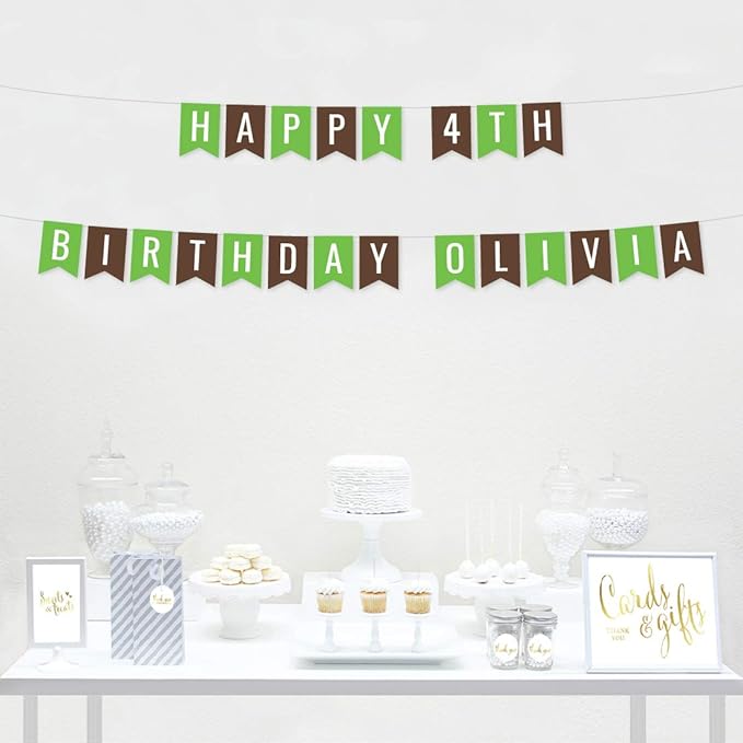 Andaz Press Personalized Hanging Pennant Banner Party Decorations, Kiwi Green, Brown, Happy 4th Birthday Olivia, 1-Pack, Approx. 5-Feet, Custom Name and Number, Woodland Animals Theme