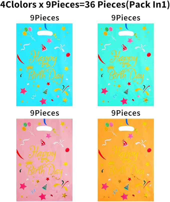 HABILE Large Plastic Aluminum Foil Gift Bags Bulk Kids Boys Girls Birthday Party Gift Bags with Handles (36 Pack)