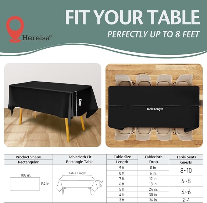 Disposable Plastic Tablecloth 54x108 Inch Rectangle - Black, 4 Pack Waterproof & Tear-Resistant Party Table Cover for Dining, Picnic, Crafts, Holiday Decor