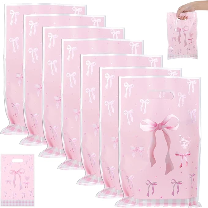 QfwdfcTrenz 50 Pcs Pink Bow Plastic Gift Bags, Goodie Dags with Handles Light Color Bow Themed Party Candy Favor Bag for Birthday Bridal Engagement Party