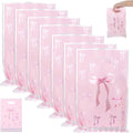 QfwdfcTrenz 50 Pcs Pink Bow Plastic Gift Bags, Goodie Dags with Handles Light Color Bow Themed Party Candy Favor Bag for Birthday Bridal Engagement Party