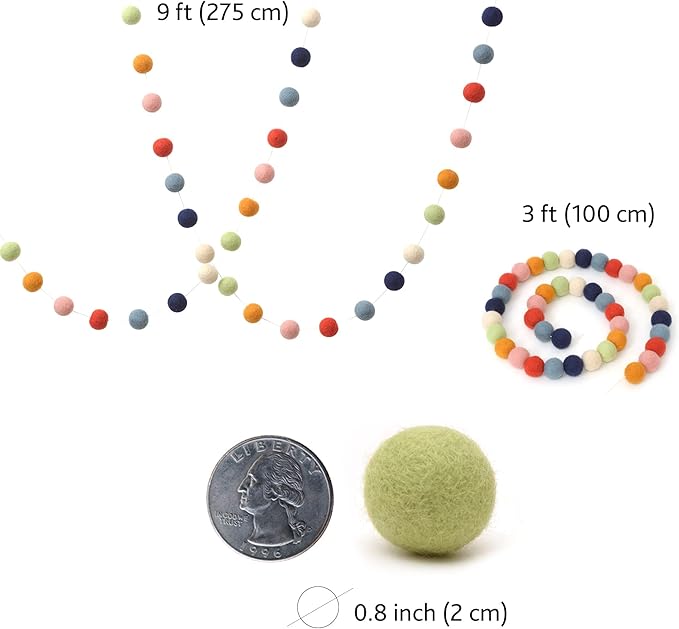 Glaciart One Felt Ball Garland - Pom Pom Garland - 9 Feet, 40 Balls, 7 Gender Neutral Colors, Nursery Decor, Bunting, Birthday Party Decorations, Easter, Photo Prop