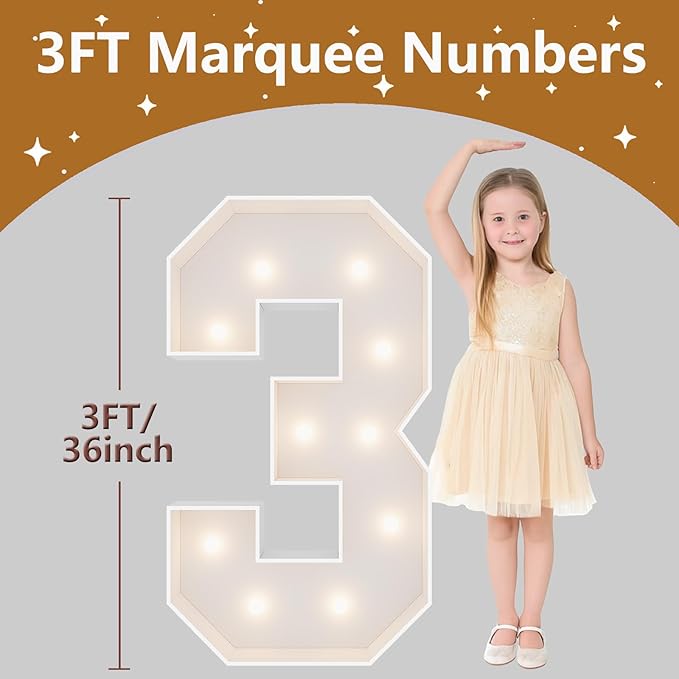 3FT Marquee Light Up Numbers, Giant Marquee Numbers, Pre-Cut DIY Foam Board Number 3 for 3rd 13th 30th Birthday Party Decorations, Anniversary Party Decor