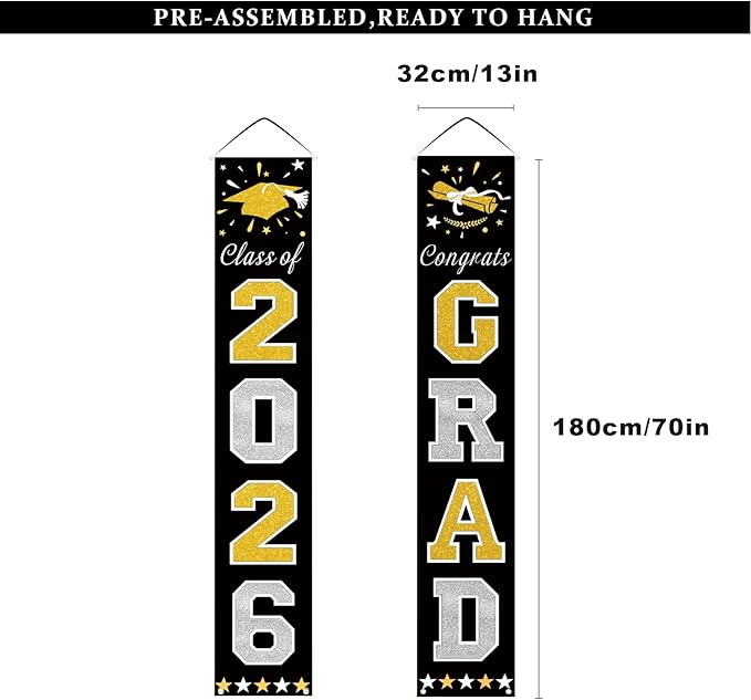 DAZONGE Graduation Decorations 2026, Black & Gold Class of Decorations 2026, Graduation Porch Banners for Any Schools or Grades Party Supplies