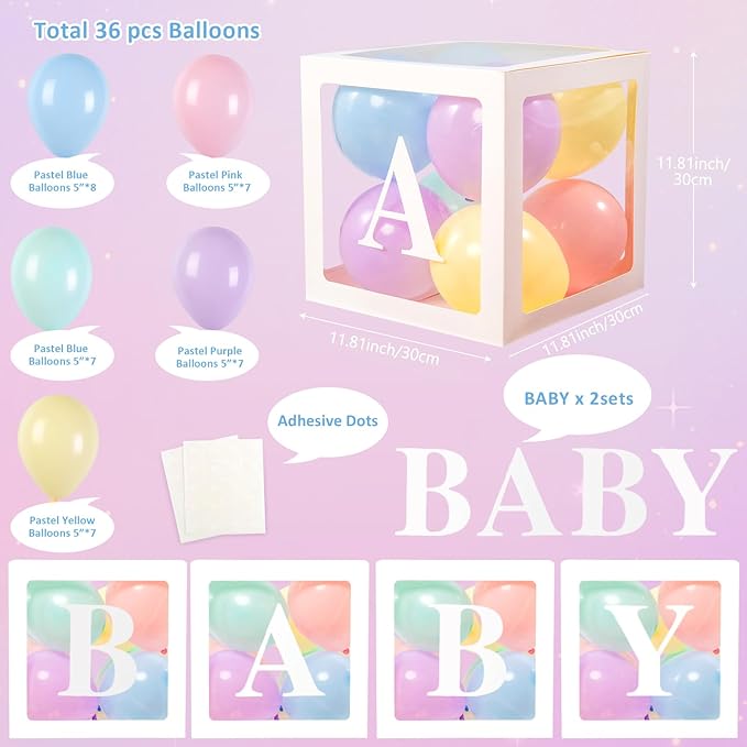 Baby Boxes with Letters for Baby Shower, 4 Transparent Balloon Boxes with Letters for Gender Reveal Birthday Wedding Baby Shower Decorations(Pastel Balloons)