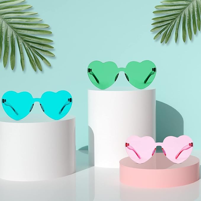 YQVIE 20 Pack Heart Shaped Sunglasses One Piece Candy Color Rimless Glasses for Women Bachelorette Party Supplies