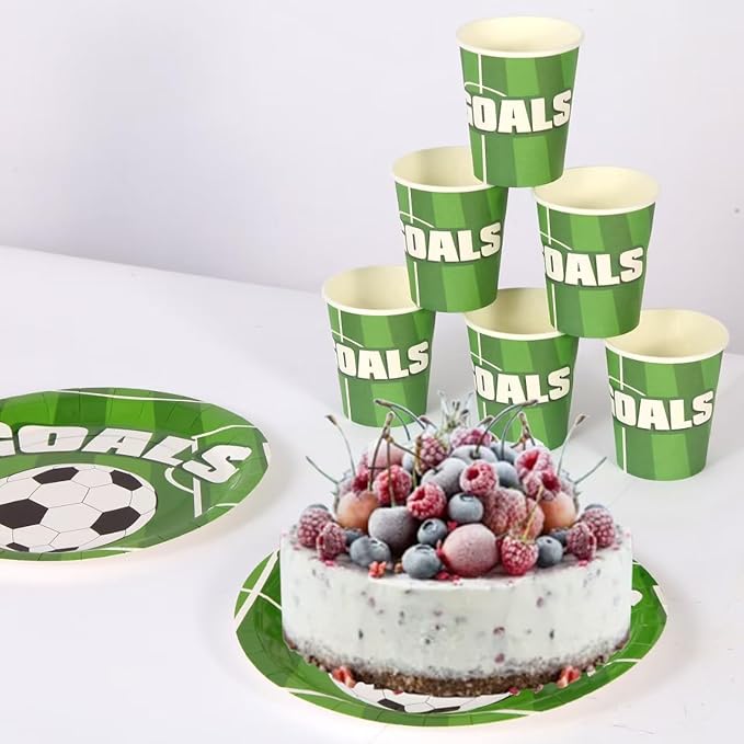 175 Piece Soccer Themed Disposable Plate Set for 25 Guests Party Supplies, Soccer Party Plates, Napkins, Cups, Knives, Forks and Spoons for Boys Game Day Decorations