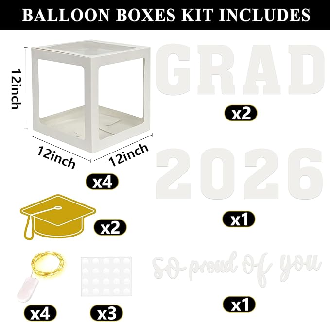 DAZONGE 2026 Graduation Party Decorations - Set of 4 Graduation Boxes with 139pcs Balloons Arch Garland Kit & 4 Light Strings - So Proud of You Class of 2026 Decorations for Any Grades