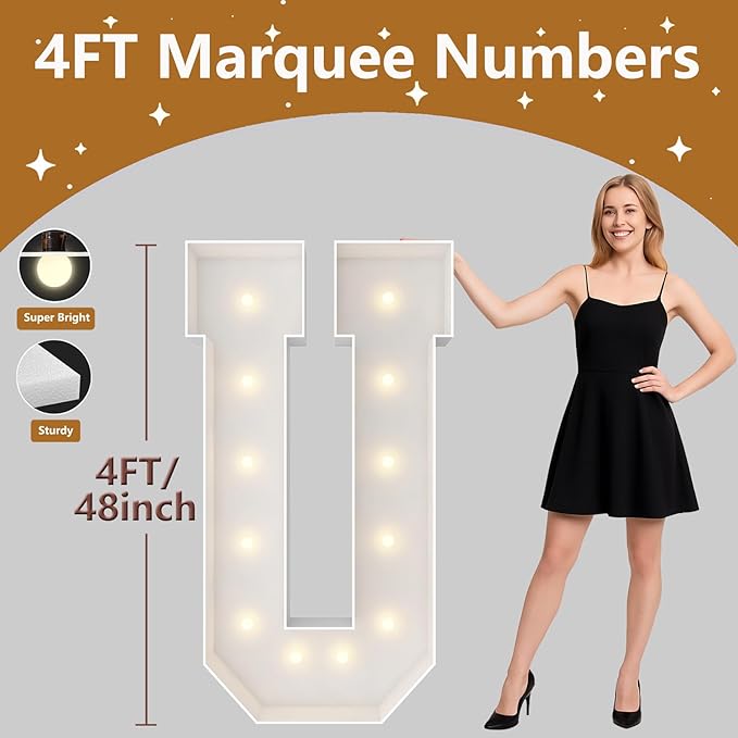 4FT Marquee Light Up Letters, Large Marquee Letters, Pre-cut Foam Board Letter U for Engagement Wedding Decorations Birthday Party Backdrop Decor, Balloon Arch Kit