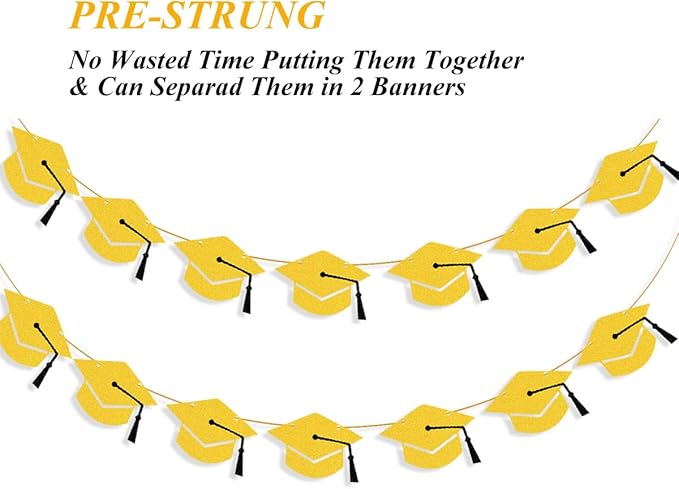 2026 Graduation Hat Banners Garlands Gold Glitter Graduation Party Decoration Banners Graduation Cap Banners Garlands Class of 2026 Graduation Party Banners for College High School