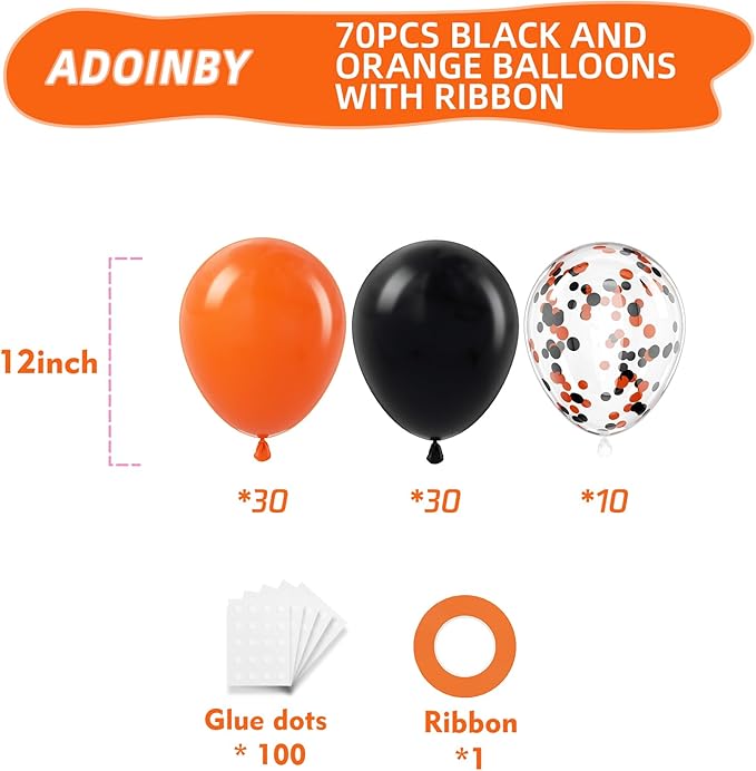 Black and Orange Balloons, 70Pcs 12inch Black Orange Latex Balloon and Confetti Balloons for Halloween Celebration Trick or Treat Party Spooky Ghost Party Bar Anniversary Graduation Decoration