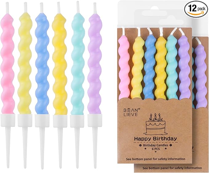 BEAN LIEVE 12-Count Birthday Candles - Rainbow Birthday Candle with Holders Colorful Spiral Long Cake Candles for Birthday Wedding & Lucky Party Cake Decorations