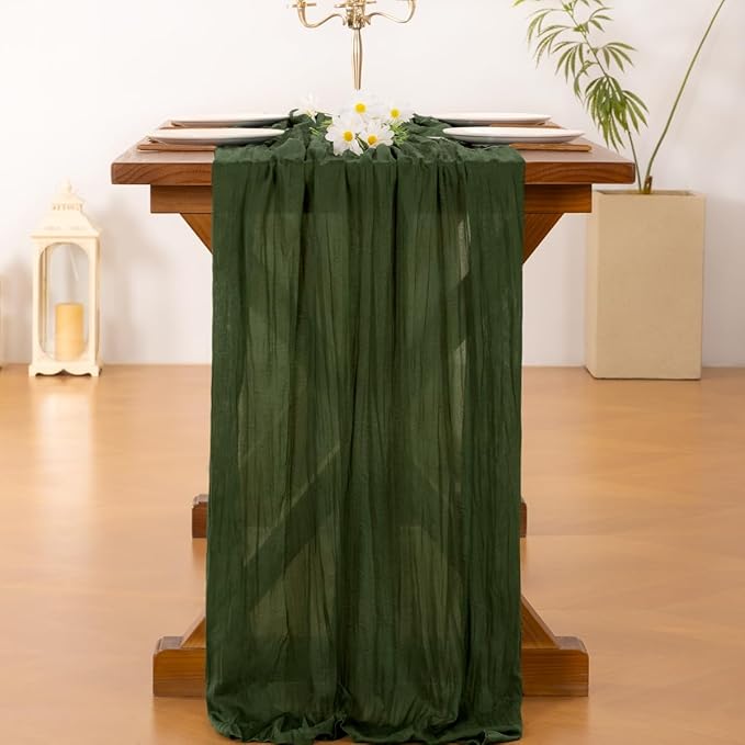 Socomi Olive Green Spring Cheesecloth Table Runner Boho Rustic Gauze 120 inch 10FT Cheese Cloth Runner for Wedding Party Baby Shower Birthday Home Decor