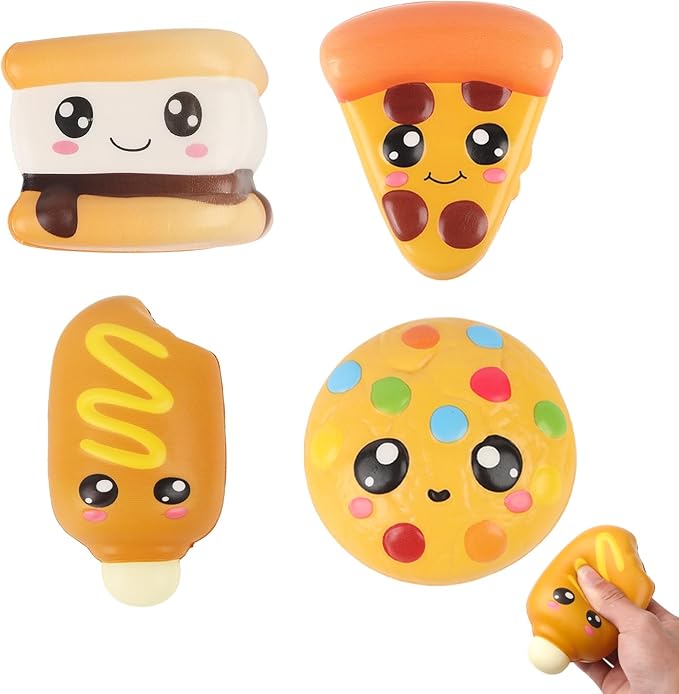 4 Pcs Slow Rising Food Toys for Kids, Kawaii Foam Squishy Toys in Smore Bread Hot Dog Pizza Cake Stress Relief Squeeze Toy for Holiday Carnival Goodie Bag Stuffers