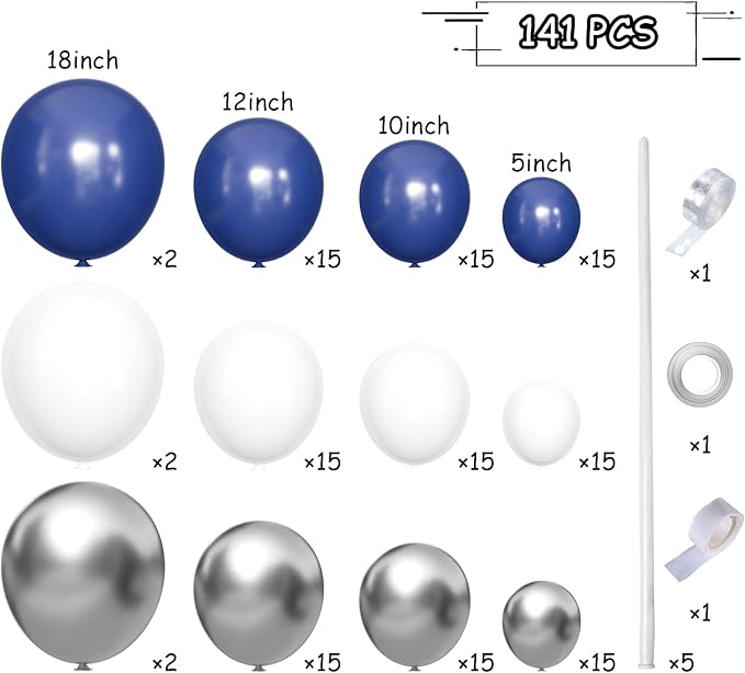 Blue White Silver Balloons Garland Arch Kit, 141Pcs Latex Balloons Different Sizes 18 12 10 5 Inch for Birthday Anniversary Graduation Wedding Party Decorations