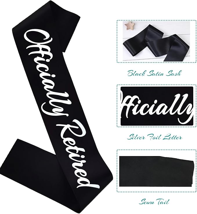 Officially Retired Sash, Reitrement Sash for Men and Women Retirement Party Decorations Supplies, Black + Silver(Officially Retired)