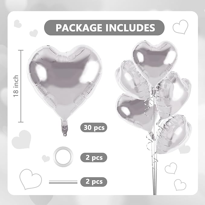TONIFUL 30Pcs 18 Inch Silver Heart Balloons Silver Heart Shape Foil Mylar Balloons Decoration for Birthday Valentine's Day Wedding Bridal Shower Anniversary Engagement Party Supplies