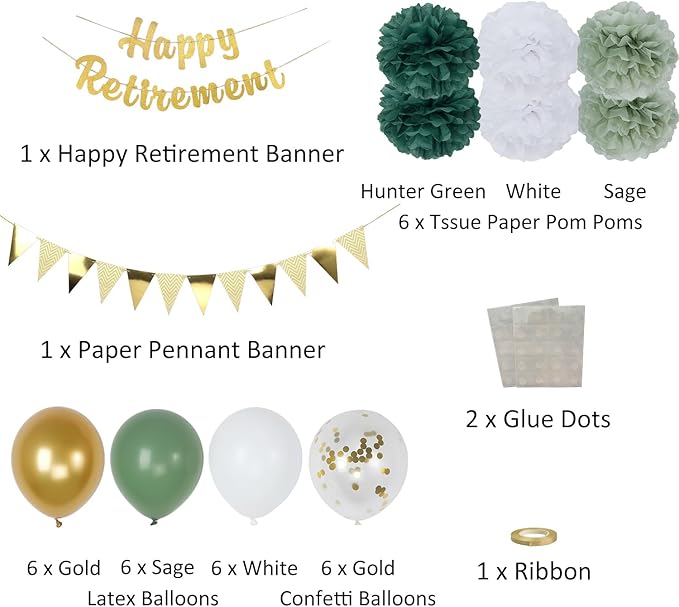 Retirement Party Decorations, Gold Happy-Retirement Banner, Paper Pom Poms, Gold Foil Paper Pennant Banner, Balloons for Retirements Decor, Retired Parties Supplies