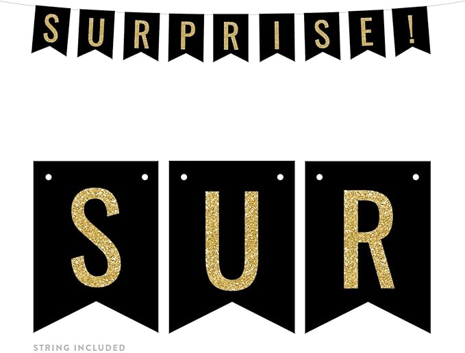 Andaz Press Faux Gold Glitter on Black Party Banner Decorations, Surprise!, Approx 5-Feet, 1-Set, Birthday Wedding Baby Shower Colored Hanging Pennant Decor