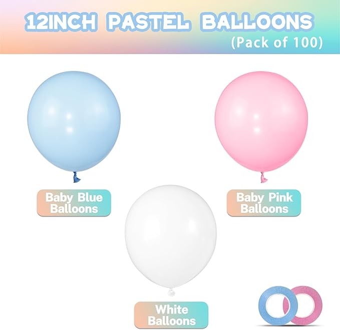 Pink and Blue Balloons 100 Pack 12 inch Pastel Pink Blue White Latex Party Balloons with 65ft Ribbon for Gender Reveal Baby Shower Birthday Bridal Shower Wedding Party Decorations Supplies