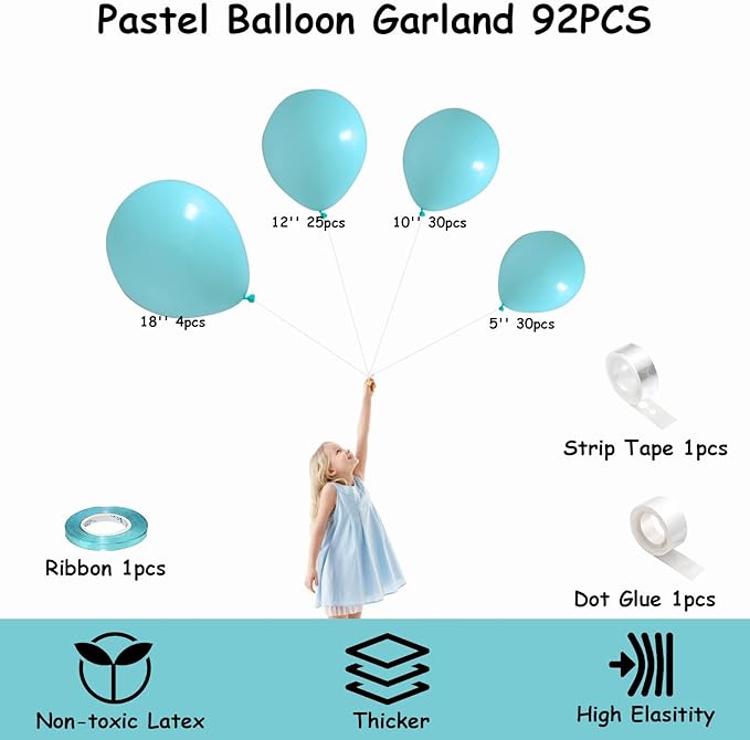 Pastel Teal Blue Balloons Garland Kit 92pcs Mint Blue Latex Balloon 5/10/12/18inch Helium Balloons for Birthday Party Decorations Baby Shower Wedding