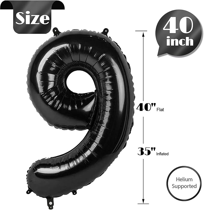 Black Number 9 Balloon 40 Inch, 9 Balloon Number, 9th Birthday Decorations, Black Party Supplies for Boys Girls